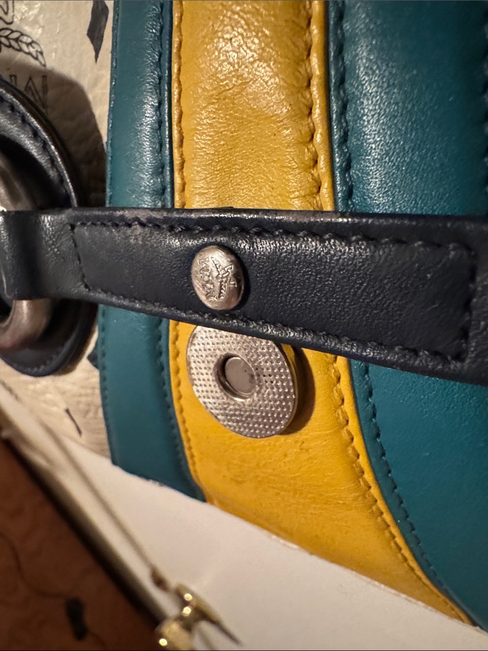 MCM White Logo Shoulder Bag with Teal, Yellow & Black Accents - Picture 4 of 12
